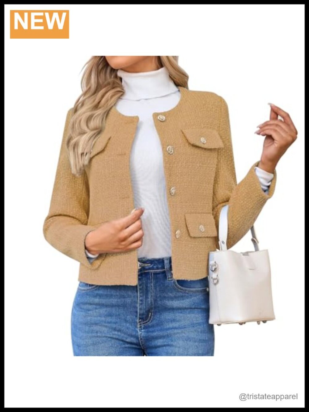 Women's Tweed Blazer Button Down Long Sleeve Tailored Business Casual Crop Coat